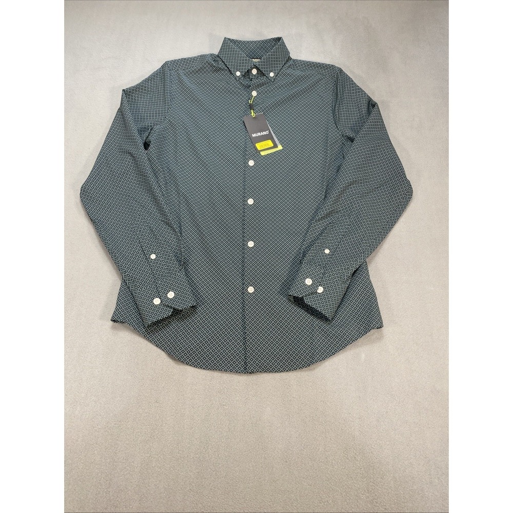 Murano Mens Small Performance Button Down Slim Fit Green Geometric Pattern NWT